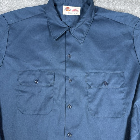 Dickies Work Shirt Men's 18-18.5 32/33‎ Blue Long Sleeve Button Up Pocket Flaps - Picture 1 of 6